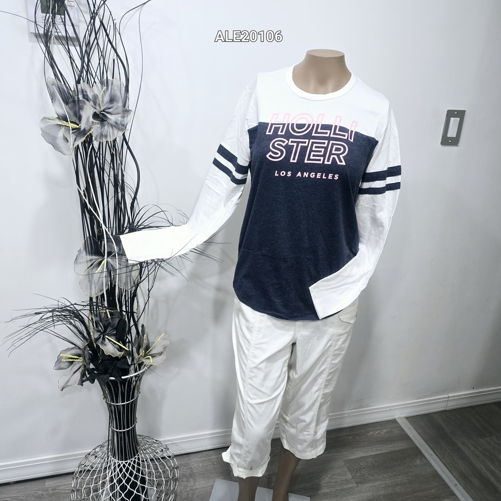 Hollister Navy and White Long Sleeve Shirt Sz.Small